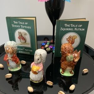 Royal Doulton's Beatrix Potter Porcelain Squirrel Sculpture Trio + 2 Story Books